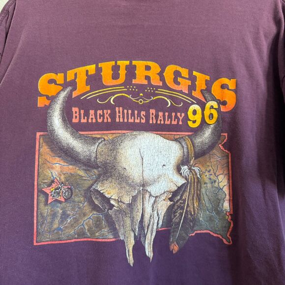 Vintage 1996 90s Sturgis Biker 3D Emblem Black Hills Rally Wolf L T-Shirt Crop - Picture 10 of 10